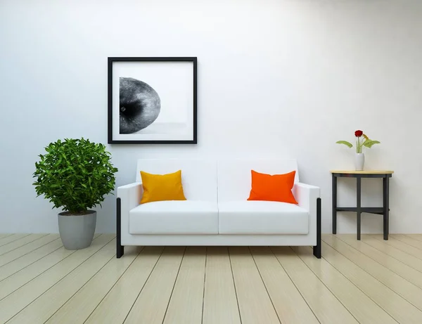 White Minimalist Room Interior Furniture Wooden Floor Frames Large Wall — Stock Photo, Image