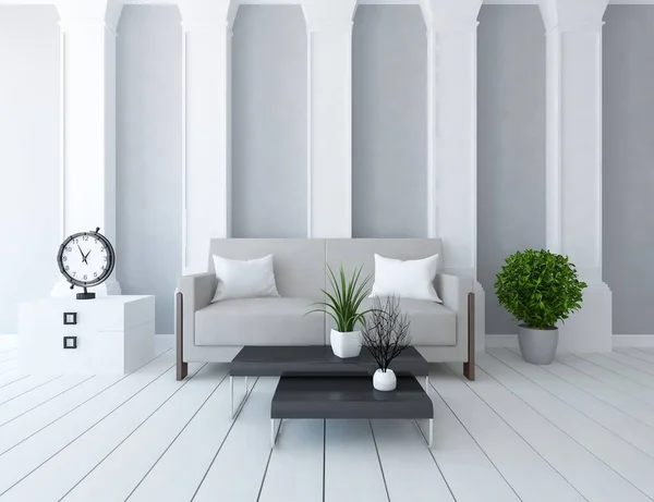 Białe Minimalistyczne Wnętrze Pokoju Meblami Drewnianej Podłodze Ramki Dużej Ścianie — Zdjęcie stockowe