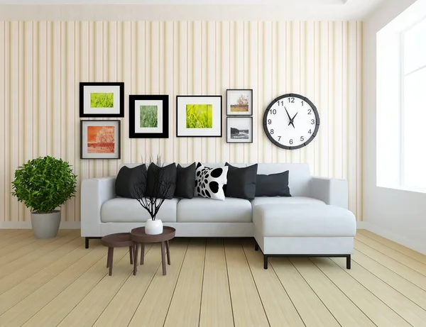 白色简约的房间内部 木制地板上有家具 大墙上有框架 窗户上有白色的风景 家里的北欧内陆 3D插图 — 图库照片