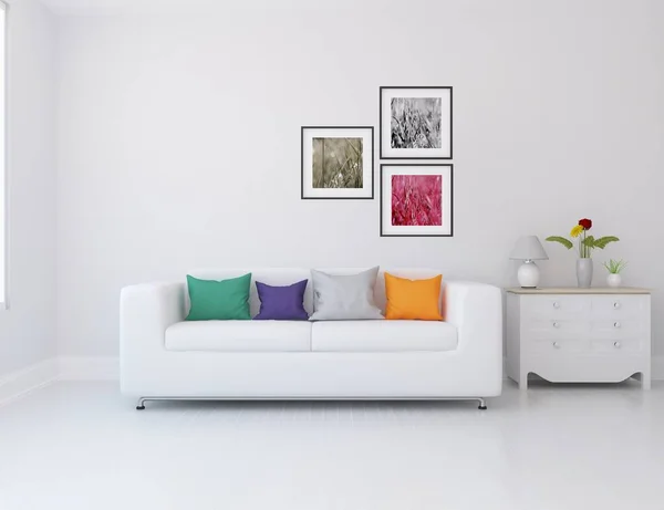 Interior Quarto Minimalista Branco Com Mobília Soalho Madeira Armações Uma — Fotografia de Stock