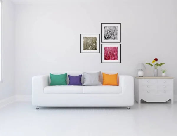 Intérieur Chambre Minimaliste Blanc Avec Meubles Sur Sol Bois Cadres — Photo