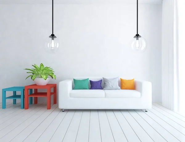 Intérieur Chambre Minimaliste Blanc Avec Meubles Sur Sol Bois Cadres — Photo