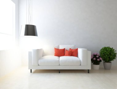 Beyaz minimalist oda, ahşap zeminde mobilyalar, büyük bir duvarda çerçeveler, penceresinde beyaz manzara. İç kısımları kuzeyli. 3B illüstrasyon