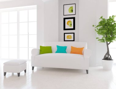 Beyaz minimalist oda, ahşap zeminde mobilyalar, büyük bir duvarda çerçeveler, penceresinde beyaz manzara. İç kısımları kuzeyli. 3B illüstrasyon