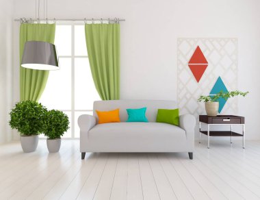 Beyaz minimalist oda, ahşap zeminde mobilyalar, büyük bir duvarda çerçeveler, penceresinde beyaz manzara. İç kısımları kuzeyli. 3B illüstrasyon