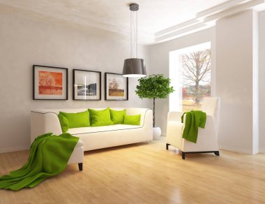 Beyaz minimalist oda, ahşap zeminde mobilyalar, büyük bir duvarda çerçeveler, penceresinde beyaz manzara. İç kısımları kuzeyli. 3B illüstrasyon