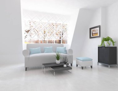 Beyaz minimalist oda, ahşap zeminde mobilyalar, büyük bir duvarda çerçeveler, penceresinde beyaz manzara. İç kısımları kuzeyli. 3B illüstrasyon