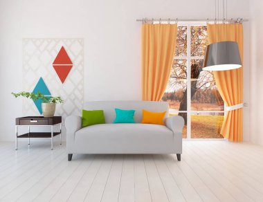 Beyaz minimalist oda, ahşap zeminde mobilyalar, büyük bir duvarda çerçeveler, penceresinde beyaz manzara. İç kısımları kuzeyli. 3B illüstrasyon