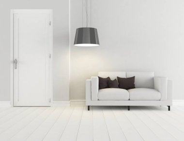 Beyaz minimalist oda, ahşap zeminde mobilyalar, büyük bir duvarda çerçeveler, penceresinde beyaz manzara. İç kısımları kuzeyli. 3B illüstrasyon