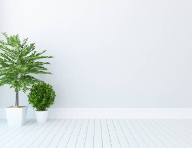 Beyaz minimalist oda, ahşap zeminde mobilyalar, büyük bir duvarda çerçeveler, penceresinde beyaz manzara. İç kısımları kuzeyli. 3B illüstrasyon