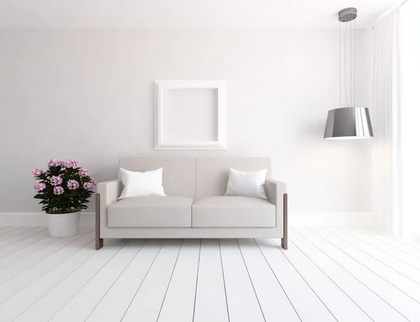 Intérieur Chambre Minimaliste Blanc Avec Meubles Sur Sol Bois Cadres — Photo