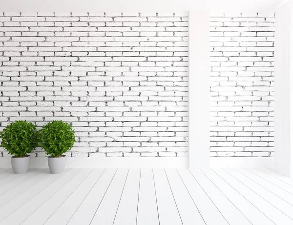 白色简约的房间内部 木制地板上有家具 大墙上有框架 窗户上有白色的风景 家里的北欧内陆 3D插图 — 图库照片