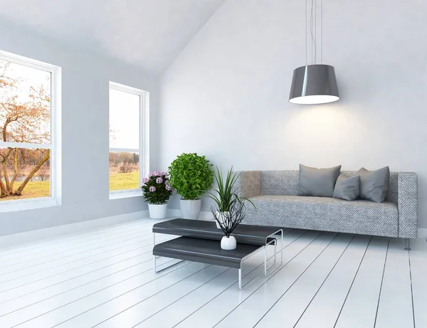 Beyaz minimalist oda, ahşap zeminde mobilyalar, büyük bir duvarda çerçeveler, penceresinde beyaz manzara. İç kısımları kuzeyli. 3B illüstrasyon