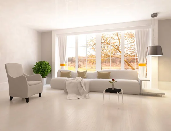 Interior Ruangan Minimalis Putih Dengan Furnitur Lantai Kayu Bingkai Dinding — Stok Foto