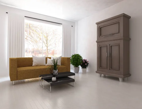 Białe Minimalistyczne Wnętrze Pokoju Meblami Drewnianej Podłodze Ramki Dużej Ścianie — Zdjęcie stockowe