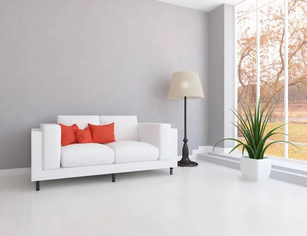 Interior Ruangan Minimalis Putih Dengan Furnitur Lantai Kayu Bingkai Dinding — Stok Foto