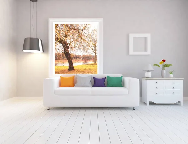 White Minimalist Room Interior Furniture Wooden Floor Frames Large Wall — Stock Photo, Image