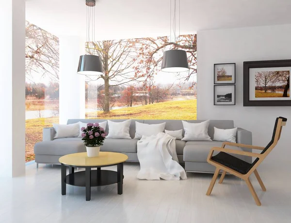 木製の床に家具と白のミニマリストルームのインテリア 大きな壁にフレーム ウィンドウ内の白い風景 家の北欧インテリア 3Dイラスト — ストック写真