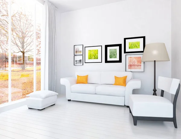 Intérieur Chambre Minimaliste Blanc Avec Meubles Sur Sol Bois Cadres — Photo