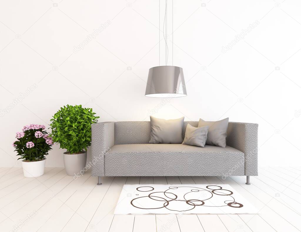 White minimalist room interior with furniture on a wooden floor, frames on a large wall, white landscape in window. Home nordic interior. 3D illustration