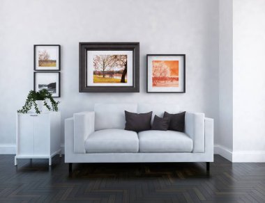 İskandinav odasının içi mobilyalarla dolu. Arkaplan iç mimarisi. İç kısımları kuzeyli. 3B illüstrasyon