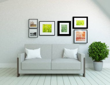 İskandinav odasının içi mobilyalarla dolu. Arkaplan iç mimarisi. İç kısımları kuzeyli. 3B illüstrasyon