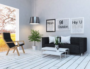 Mobilyalı beyaz minimalist oda. İç kısımları kuzeyli. 3B illüstrasyon