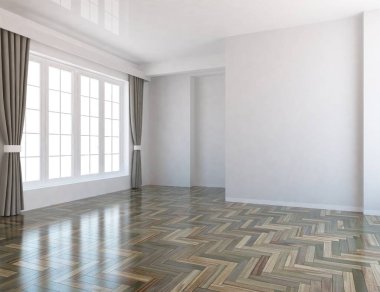 Beyaz minimalist oda içi. İç kısımları kuzeyli. 3B illüstrasyon