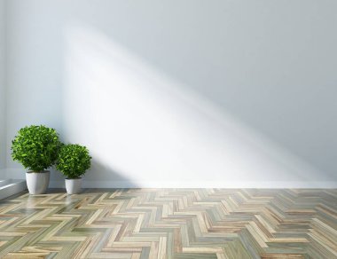 Beyaz minimalist oda içi. İç kısımları kuzeyli. 3B illüstrasyon