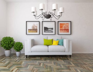 Mobilyalı minimalist oda fikri. İç kısımları kuzeyli. 3B illüstrasyon