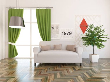 İskandinav odasının içi mobilyalarla dolu. Arkaplan iç mimarisi. İç kısımları kuzeyli. 3B illüstrasyon