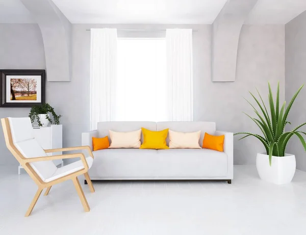 Quarto Minimalista Branco Interior Com Mobiliário Casa Interior Nórdico Ilustração — Fotografia de Stock