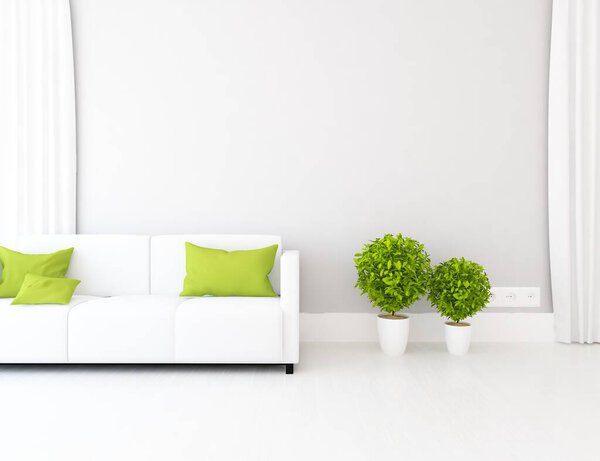 White minimalist room interior with furniture. Home nordic interior. 3D illustration