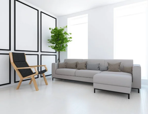 White minimalist room interior with furniture. Home nordic interior. 3D illustration