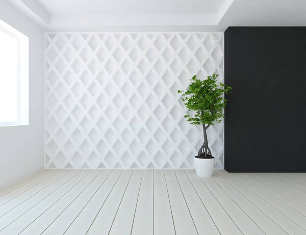 Белый минималистский интерьер комнаты. Дом нордический интерьер. 3D иллюстрация
