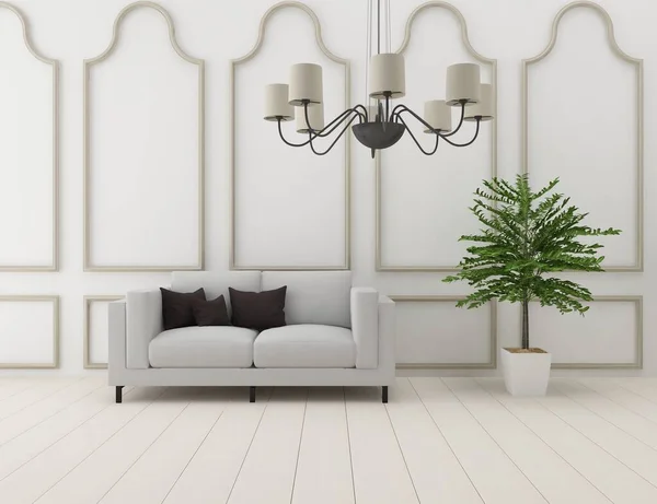 白色简约的房间 内饰家具 家里的北欧内陆 3D插图 — 图库照片