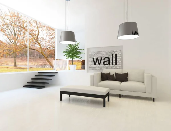 White minimalist room interior with furniture. Home nordic interior. 3D illustration