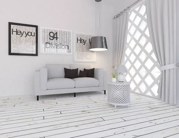Białe Minimalistyczne Wnętrze Pokoju Meblami Domowe Nordyckie Wnętrze Ilustracja — Zdjęcie stockowe
