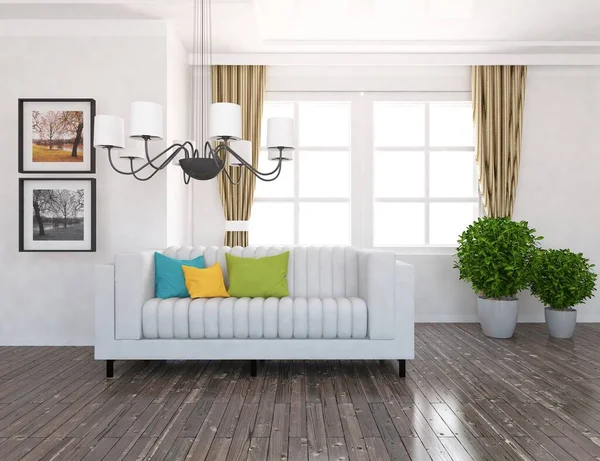 简约的室内装潢与家具的理念 家里的北欧内陆 3D插图 — 图库照片