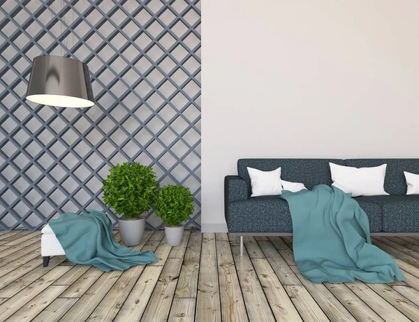 Idea of minimalist room interior with furniture. Home nordic interior. 3D illustration