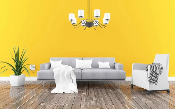 Idea of yellow minimalist room interior with furniture. Home nordic interior. 3D illustration