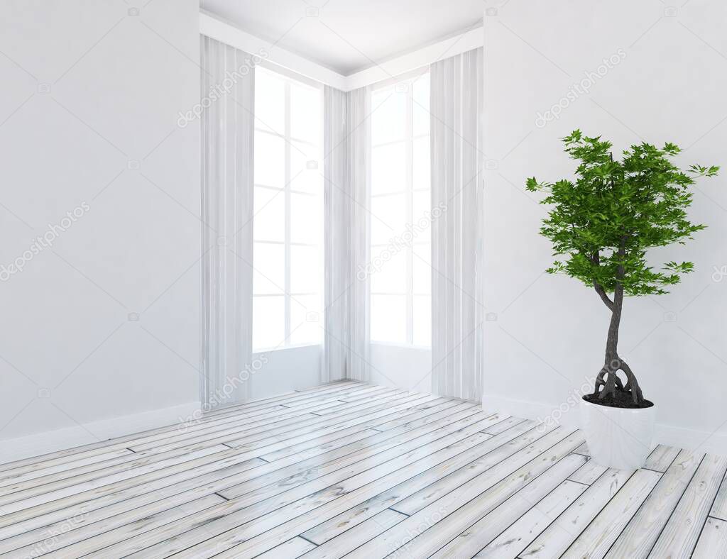 White minimalist room interior. Home nordic interior. 3D illustration