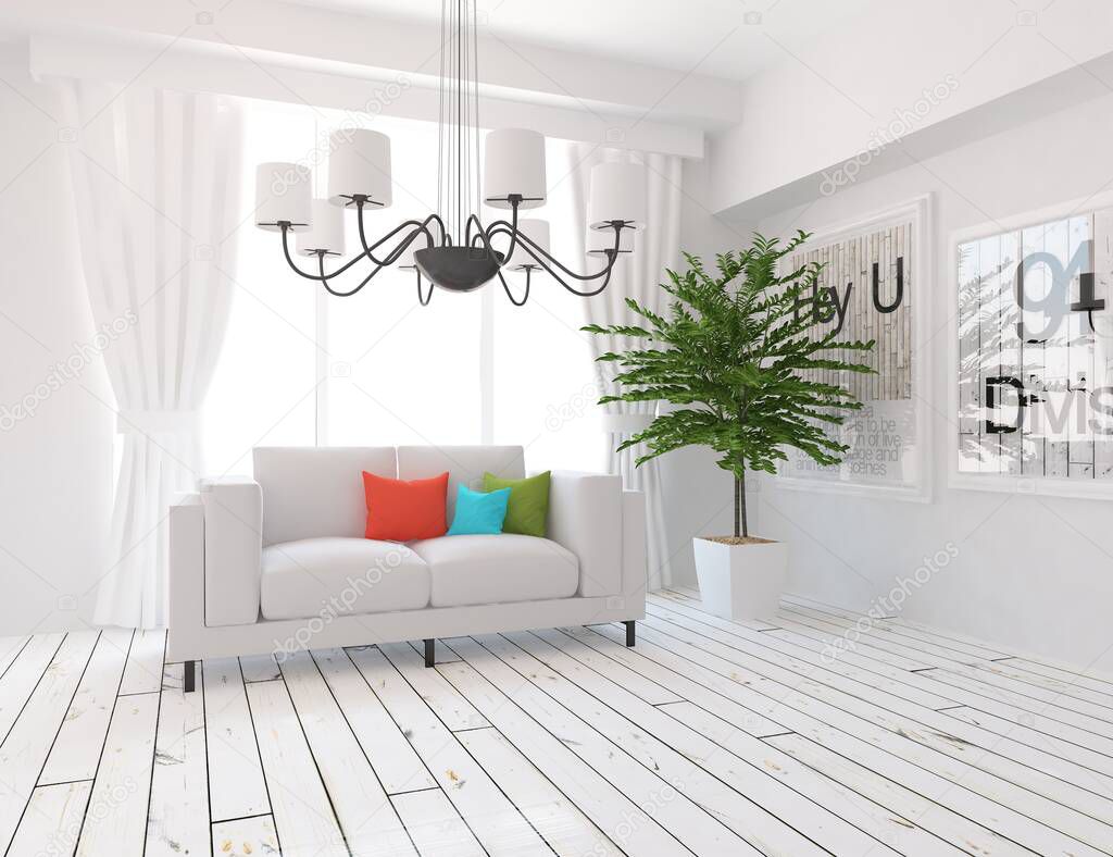 White minimalist room interior with furniture. Home nordic interior. 3D illustration