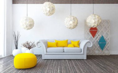 Idea of minimalist room interior with furniture. Home nordic interior. 3D illustration clipart