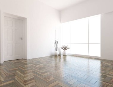 Beyaz minimalist oda içi. İç kısımları kuzeyli. 3B illüstrasyon