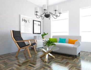 İskandinav odasının içi mobilyalarla dolu. Arkaplan iç mimarisi. İç kısımları kuzeyli. 3B illüstrasyon