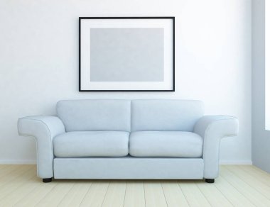 Mobilyalı beyaz minimalist oda. İç kısımları kuzeyli. 3B illüstrasyon