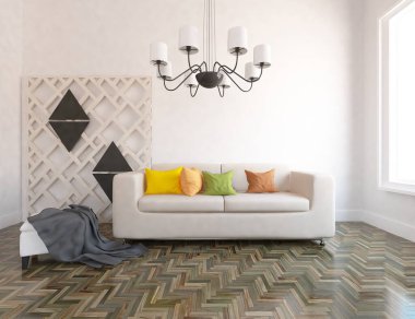 İskandinav odasının içi mobilyalarla dolu. Arkaplan iç mimarisi. İç kısımları kuzeyli. 3B illüstrasyon