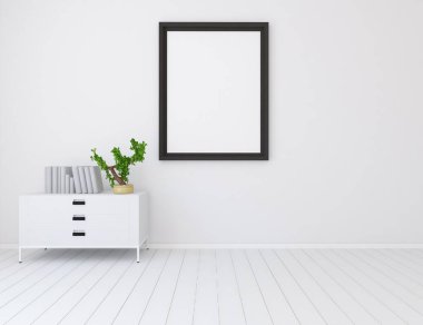 Beyaz minimalist oda içi. İç kısımları kuzeyli. 3B illüstrasyon