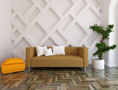 İskandinav odasının içi mobilyalarla dolu. Arkaplan iç mimarisi. İç kısımları kuzeyli. 3B illüstrasyon